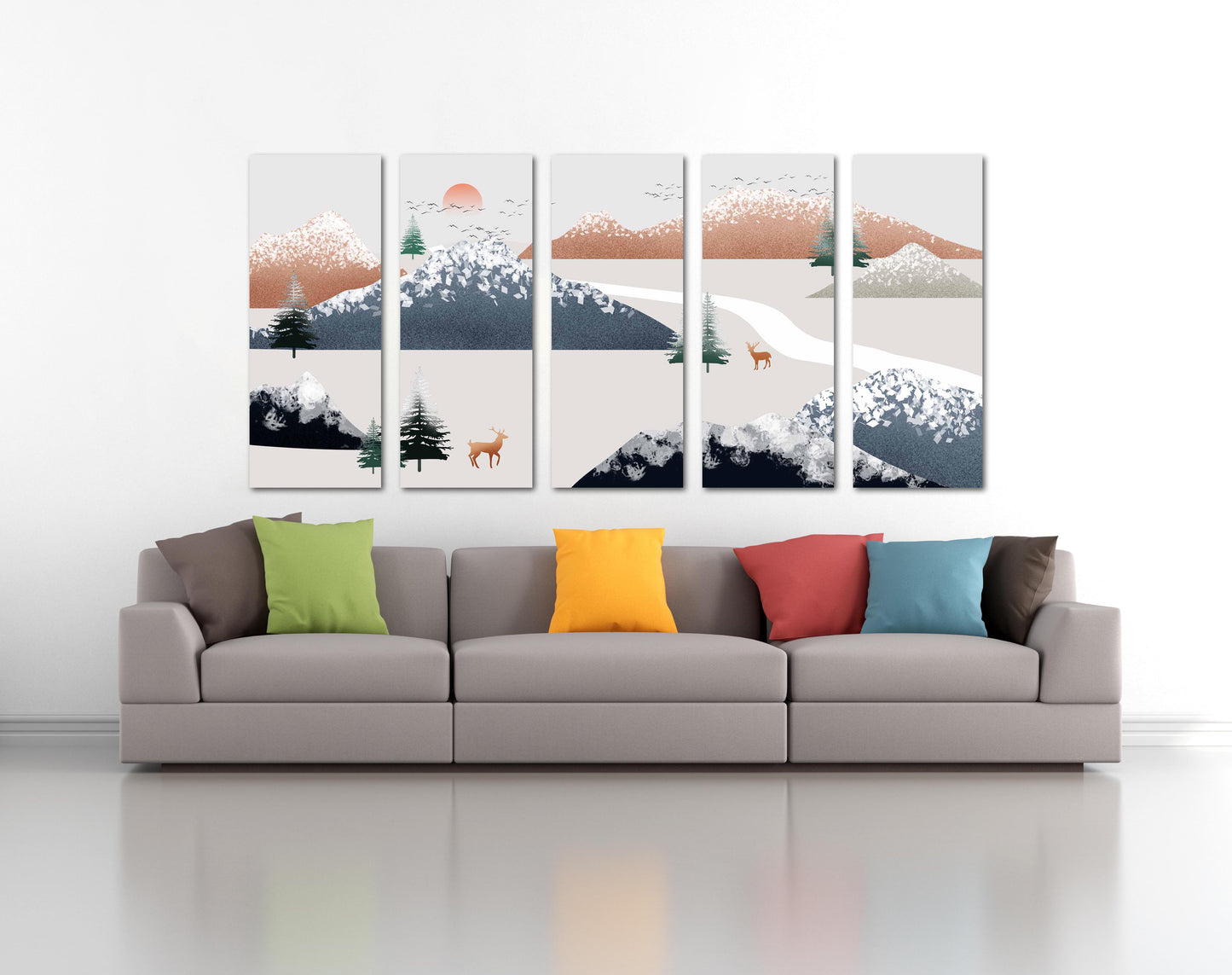 Gerahmte Wandkunst Berge Goldener Hirsch Felsen und Berge Rauchige Berge Wandkunst 3-teilige Leinwand Home Wanddekoration