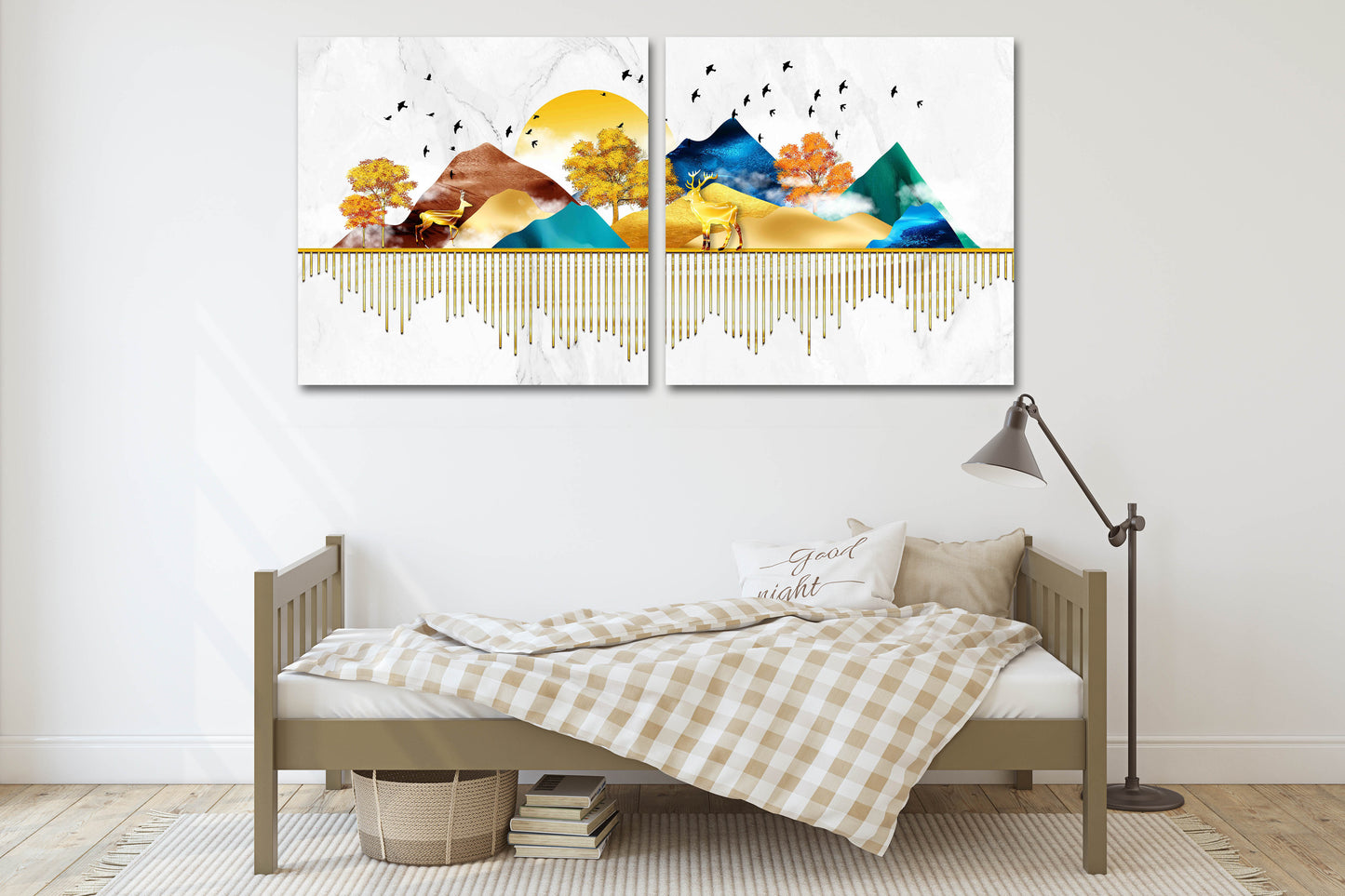 Obstbäume lebende Pflanze Goldener Hirsch Blue Ridge Mountains Wandkunst 3-teiliges Leinwandbild Outdoor Berge Leinwandgemälde Home Wanddekoration