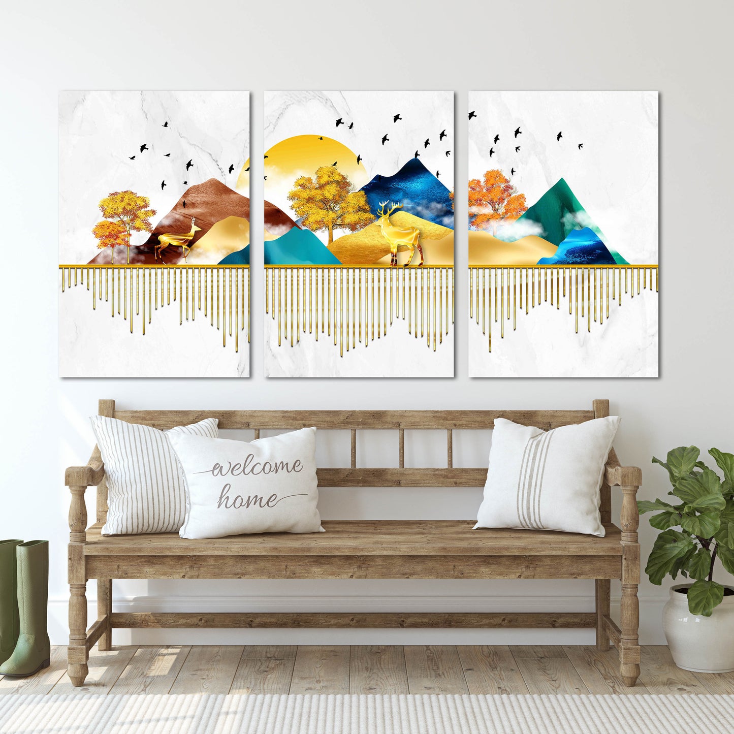 Obstbäume lebende Pflanze Goldener Hirsch Blue Ridge Mountains Wandkunst 3-teiliges Leinwandbild Outdoor Berge Leinwandgemälde Home Wanddekoration