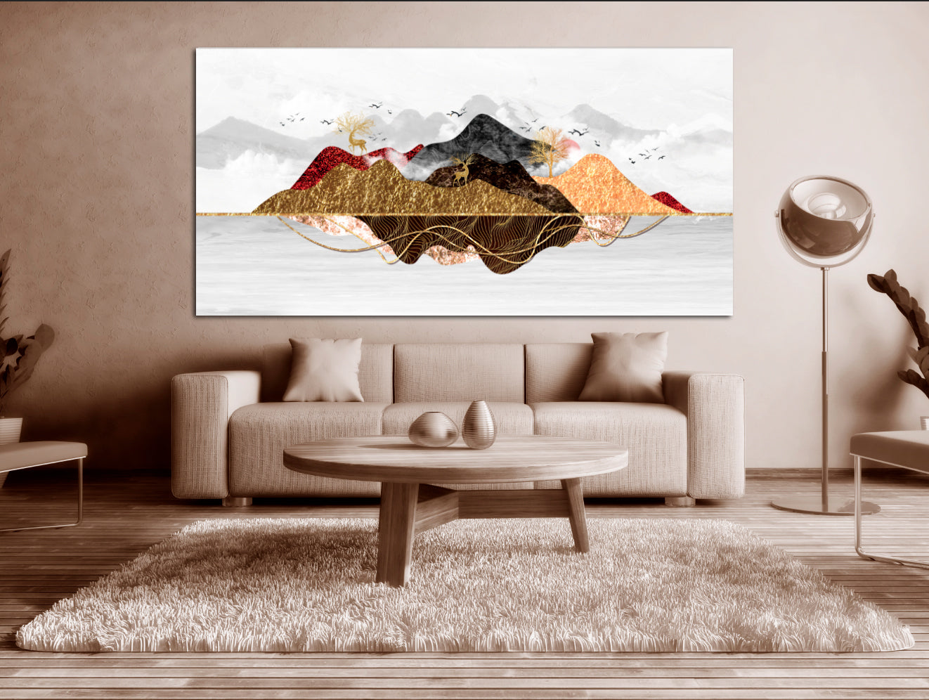 Gerahmte Wandkunst Berge Goldener Hirsch Rauchberge Wandkunst 3-teilige Leinwand Outdoor Berge Leinwandgemälde Home Wanddekoration