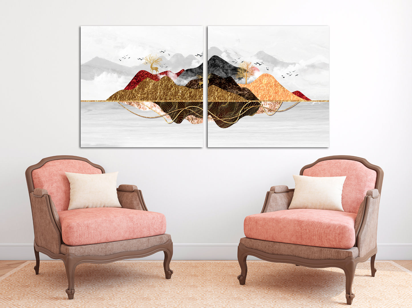 Gerahmte Wandkunst Berge Goldener Hirsch Rauchberge Wandkunst 3-teilige Leinwand Outdoor Berge Leinwandgemälde Home Wanddekoration