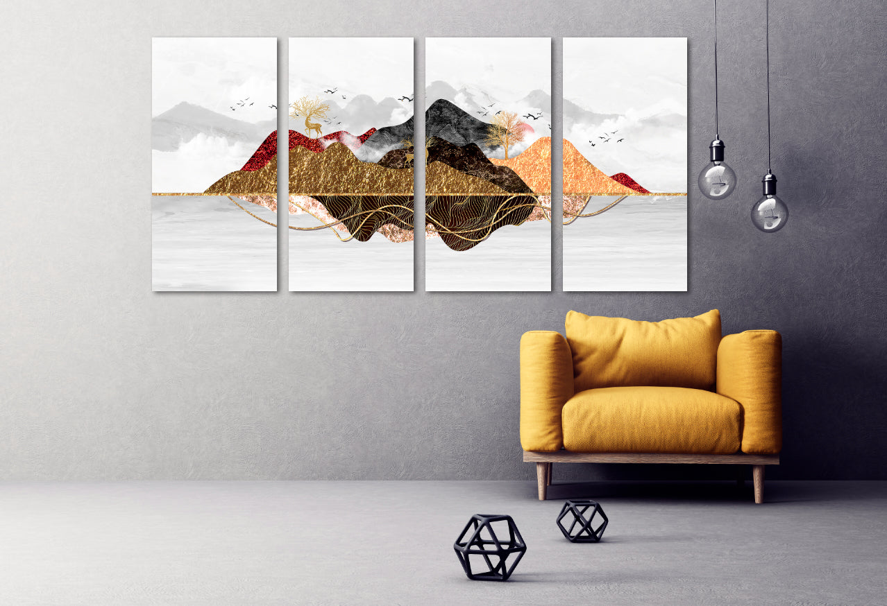 Gerahmte Wandkunst Berge Goldener Hirsch Rauchberge Wandkunst 3-teilige Leinwand Outdoor Berge Leinwandgemälde Home Wanddekoration