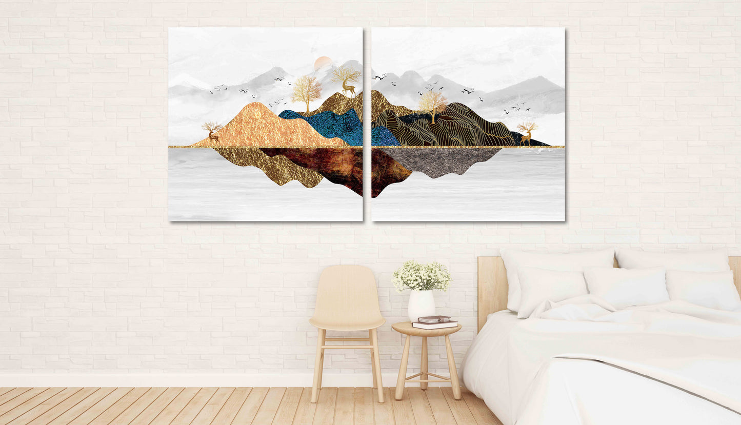 Waldtiere Figuren Obstbäume lebende Pflanze Goldener Hirsch Blue Ridge Mountains Wandkunst 3-teiliges Leinwandbild Leinwandgemälde Wohnwanddekoration