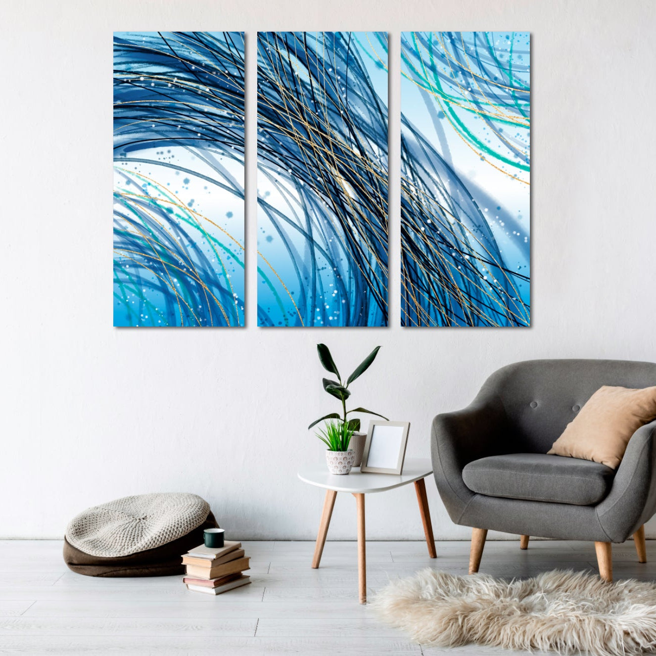 Großes abstraktes Gemälde blau und gold Abstraktes buntes Gemälde großes expressionistisches Gemälde 3-teiliger Rahmen Leinwand Home Wanddekoration