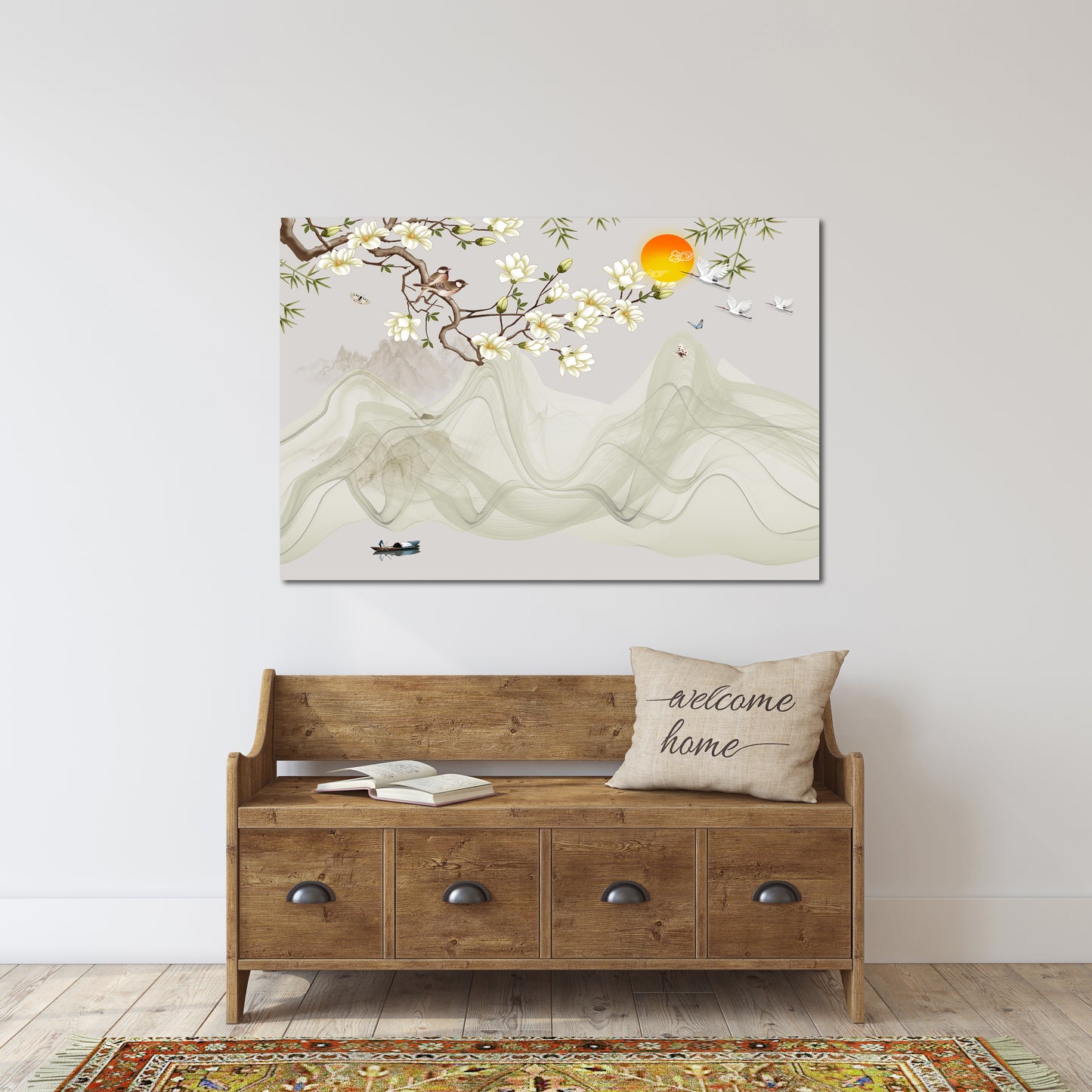 Sakura Wandkunst-Deko, Blumen-Wandkunst, japanische Wandkunst, asiatische Wandkunst, extra große Wandkunst, florales Leinwandgemälde, ruhige horizontale Kunst