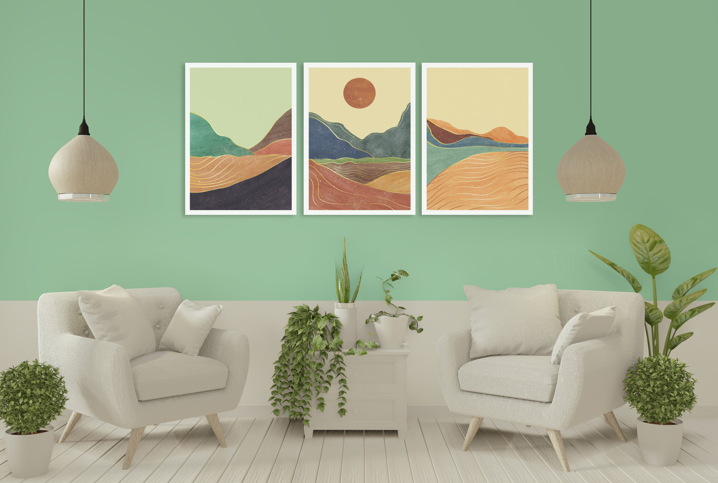 Mid Century Modern Abstrakte Bergwandkunst Leinwand, druckbares Wandkunst 3er Set, minimalistische Wandkunst, geometrisches Leinwandgemälde