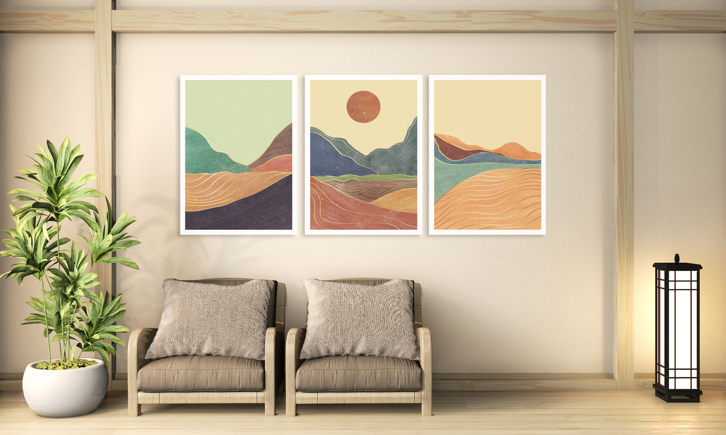 Mid Century Modern Abstrakte Bergwandkunst Leinwand, druckbares Wandkunst 3er Set, minimalistische Wandkunst, geometrisches Leinwandgemälde