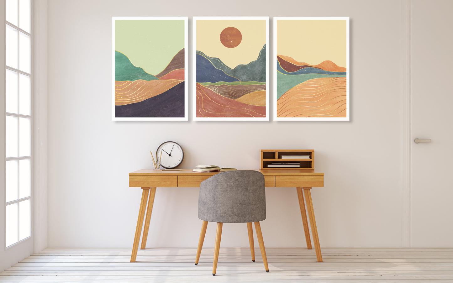 Mid Century Modern Abstrakte Bergwandkunst Leinwand, druckbares Wandkunst 3er Set, minimalistische Wandkunst, geometrisches Leinwandgemälde
