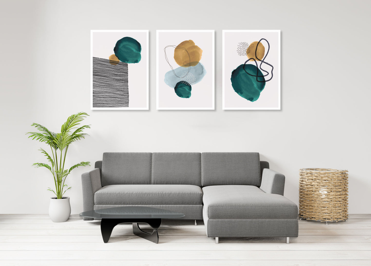 Mid Century Modern abstrakte Wandkunst, druckbares Wandkunst-Set von 3, minimalistische Wandkunst, geometrisches Leinwandgemälde