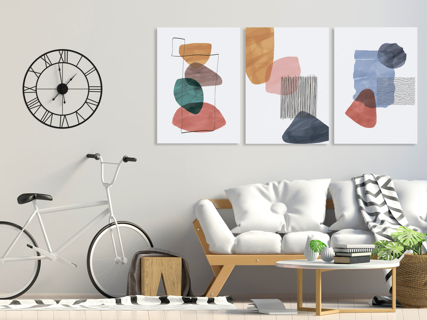 Mid Century Modern abstrakte Wandkunst, druckbares Wandkunst-Set von 3, minimalistische Wandkunst, geometrisches Leinwandgemälde