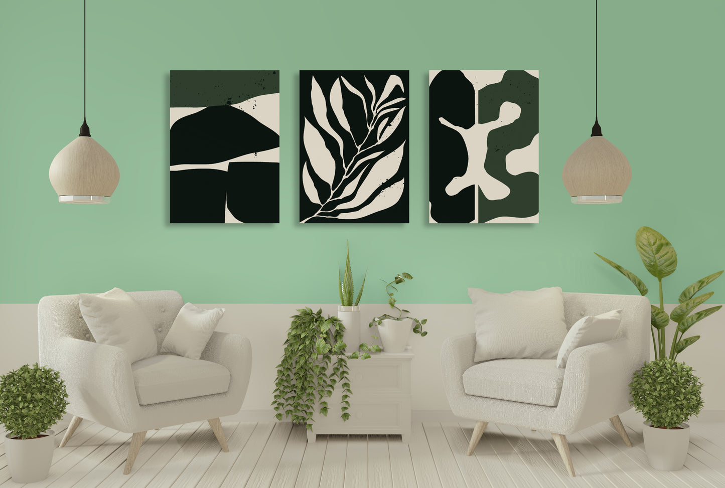 Mid Century Modern abstrakte Wandkunst, druckbares Wandkunst-Set von 3, minimalistische Wandkunst, geometrisches Leinwandgemälde