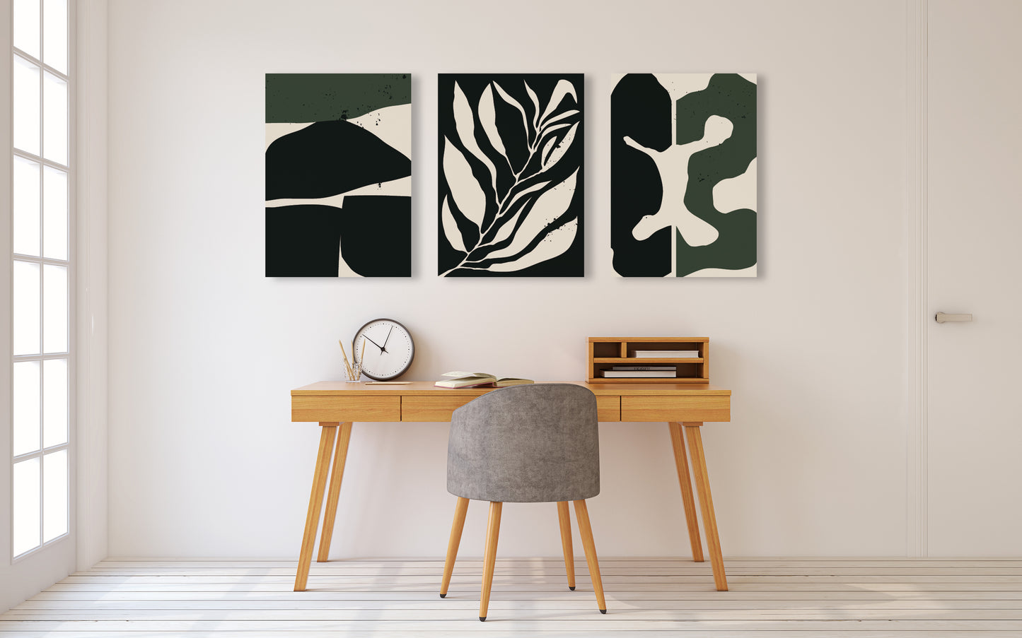 Mid Century Modern abstrakte Wandkunst, druckbares Wandkunst-Set von 3, minimalistische Wandkunst, geometrisches Leinwandgemälde
