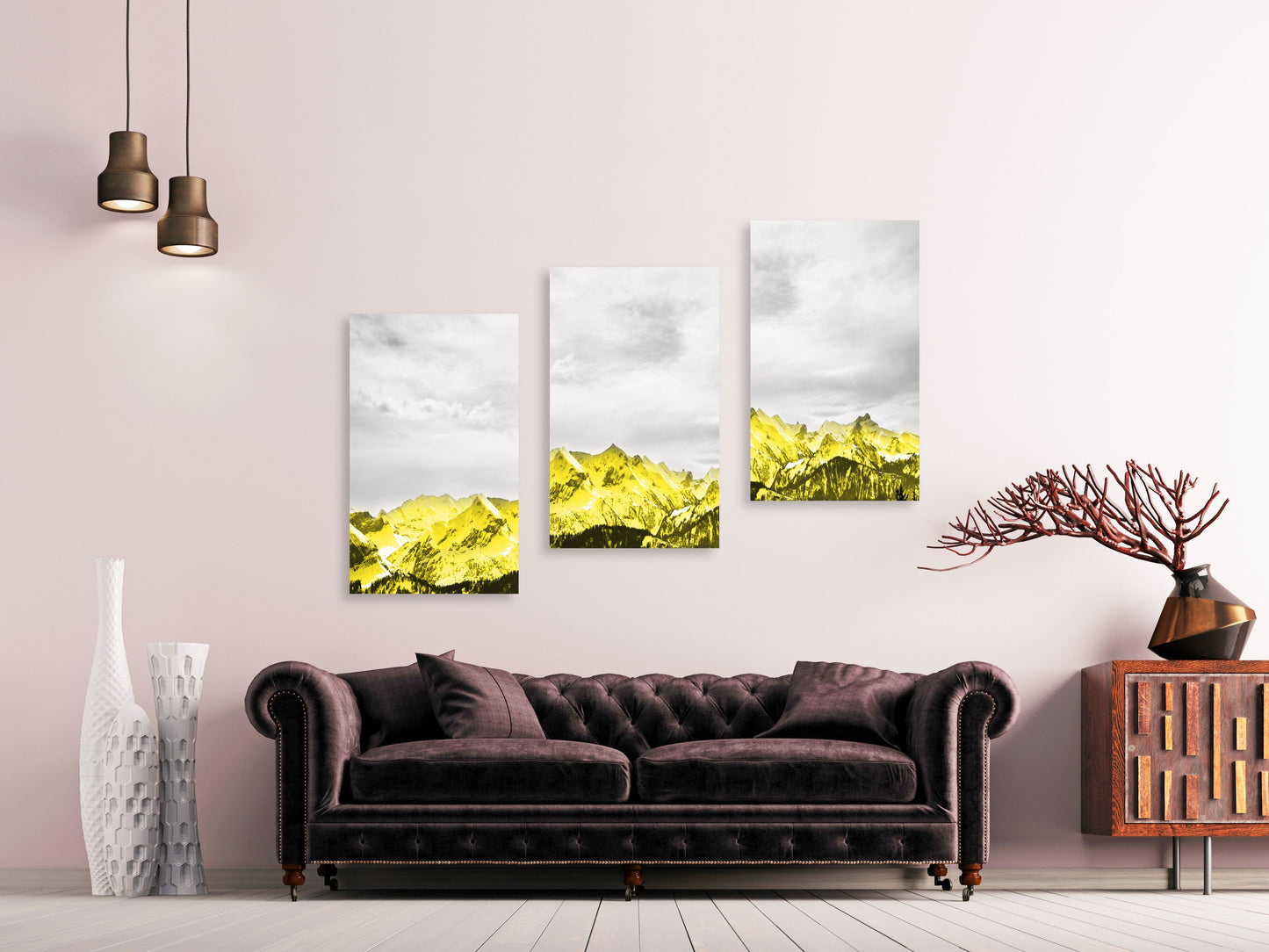 Goldene Berge Wandkunst, 3er Set Drucke Leinwandgemälde, Wandbilder Berge, Natur Wandkunst, Bergkunstdruck