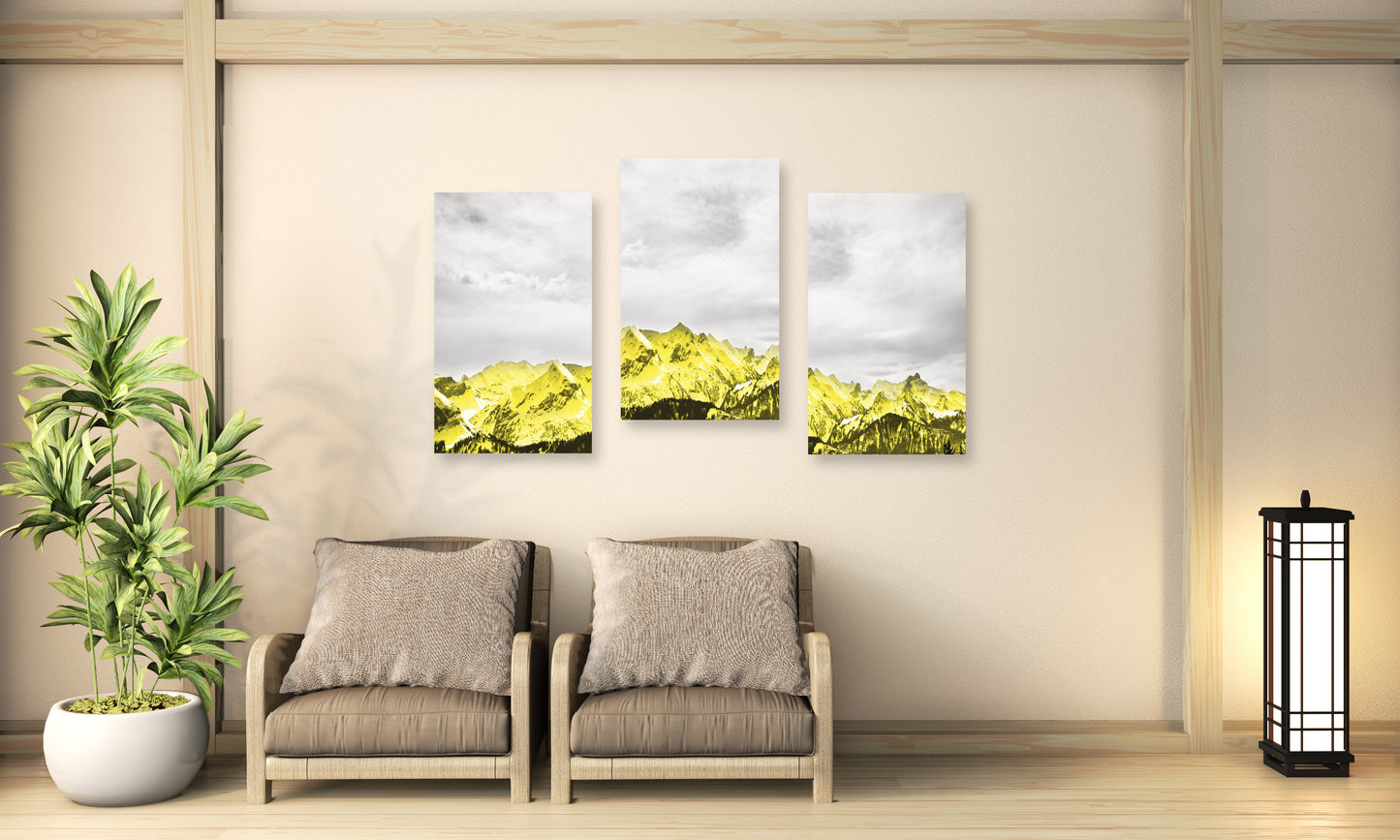 Goldene Berge Wandkunst, 3er Set Drucke Leinwandgemälde, Wandbilder Berge, Natur Wandkunst, Bergkunstdruck