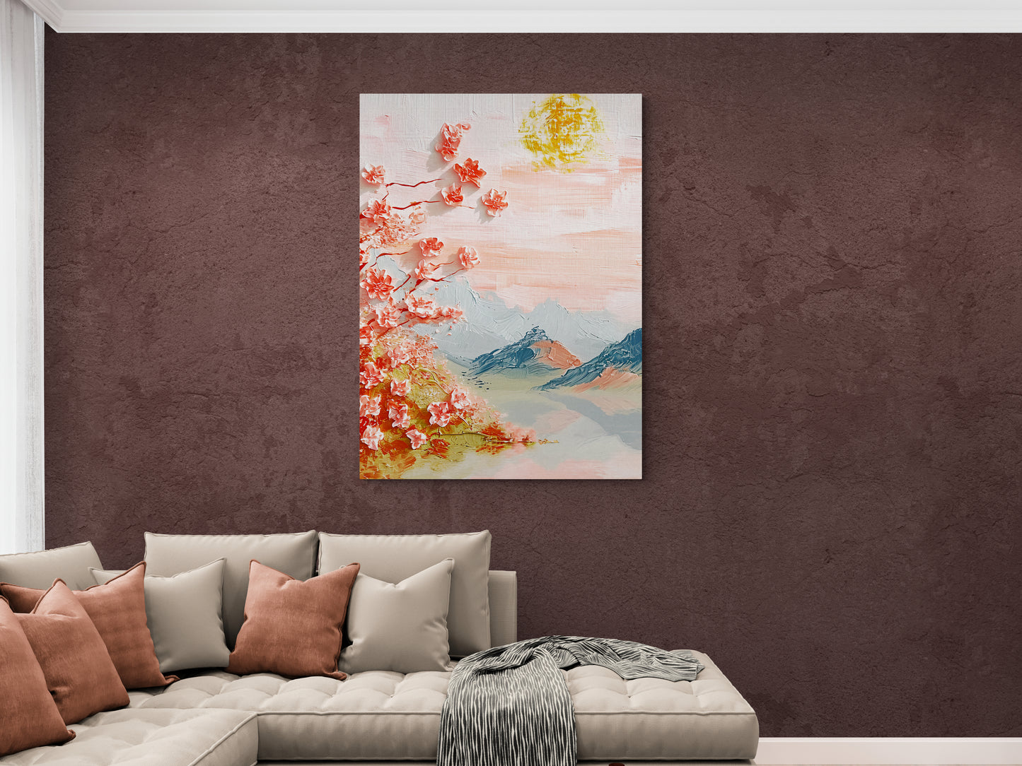 Chinoiserie Wandkunst, großes orientalisches Kunstwerk, gerahmter Naturkunstdruck, Berge Wandkunst, Sakura Blüten Kunstwerk, florale Wandkunst, Geschenk für sie, Wandkunst über dem Bett