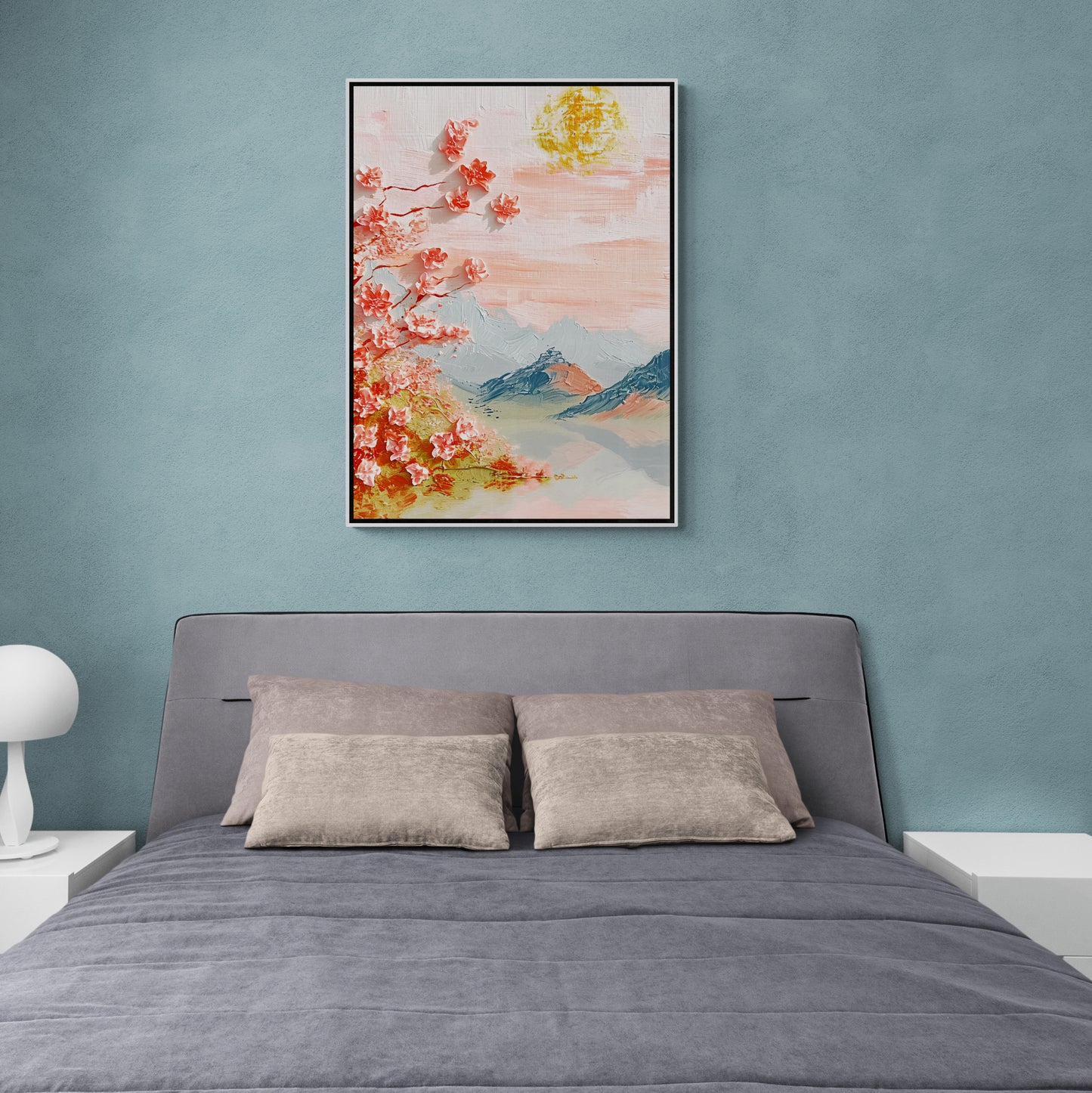 Chinoiserie Wandkunst, großes orientalisches Kunstwerk, gerahmter Naturkunstdruck, Berge Wandkunst, Sakura Blüten Kunstwerk, florale Wandkunst, Geschenk für sie, Wandkunst über dem Bett