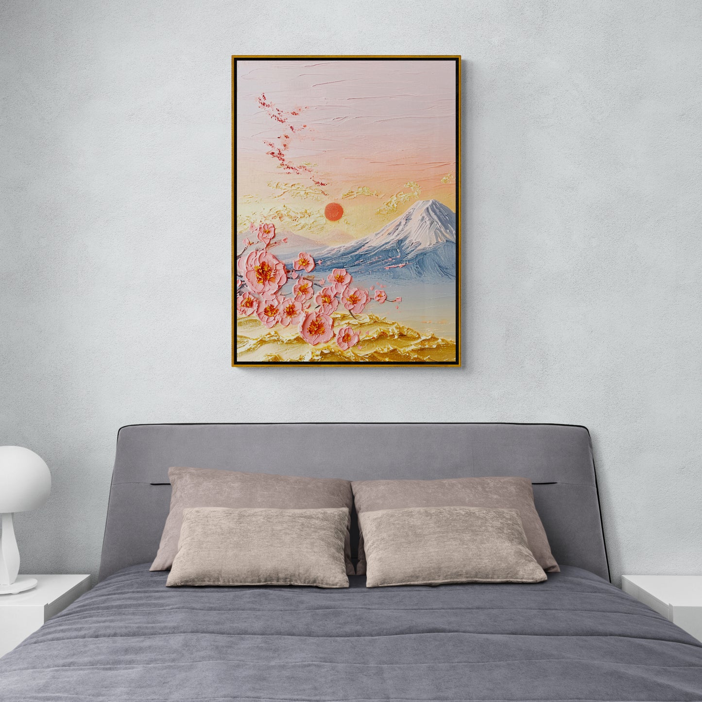 Japandi-Wandkunst, gerahmte Chinoiserie-Wandkunst, großes orientalisches Kunstwerk, Naturkunstdruck, Bergwandkunst, Sakura-Blüten-Kunstwerk, florale Wandkunst, Geschenk für sie, Wandkunst über dem Bett
