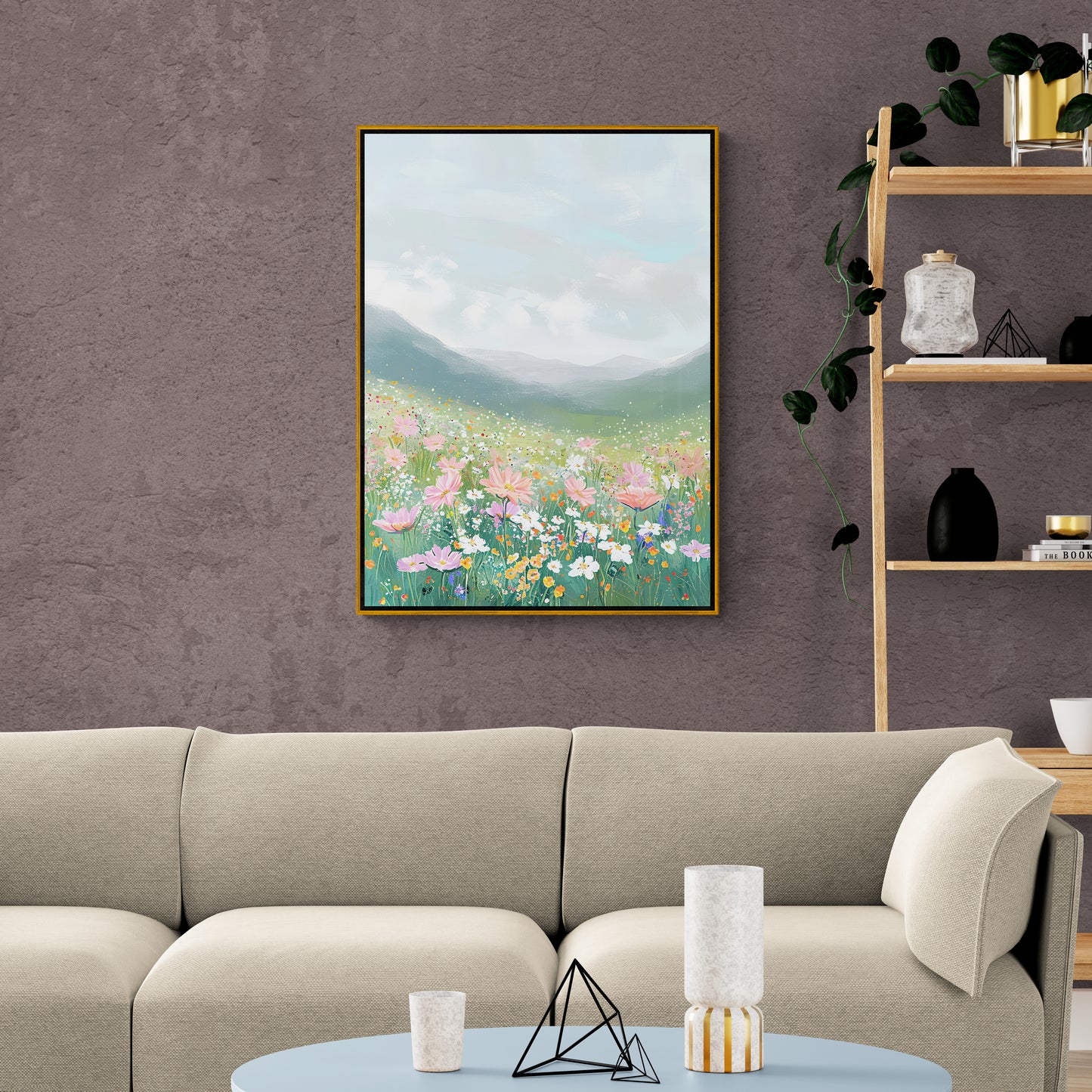 Panorama-Kunstdruck, gerahmtes Bergbild, moderner floraler Leinwanddruck, Geschenk für sie, Wandkunst fürs Wohnzimmer