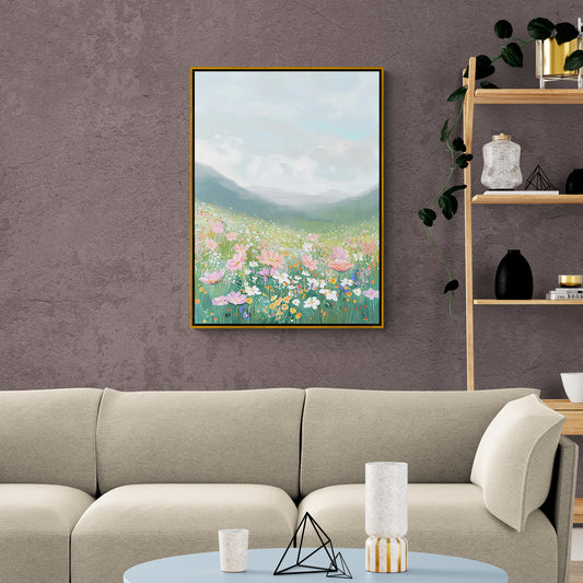 Panorama-Kunstdruck, gerahmtes Bergbild, moderner floraler Leinwanddruck, Geschenk für sie, Wandkunst fürs Wohnzimmer