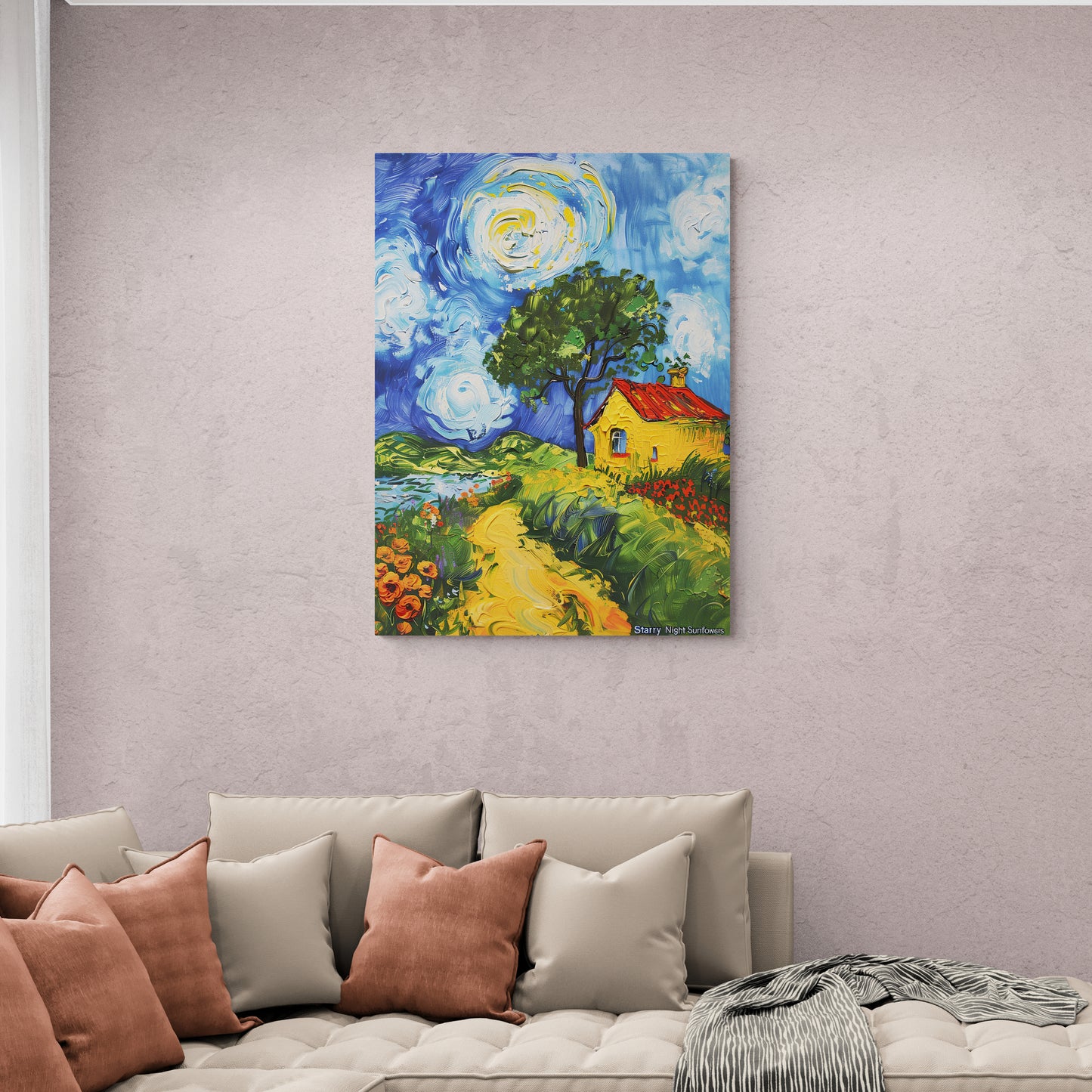 Sternennacht Sonnenblumen Wandkunst, farbenfroher Kunstdruck, gerahmter Leinwanddruck mit Aquarelleffekt, vertikales Bauernhaus-Kunstwerk, moderne Schlafzimmer-Wandkunst