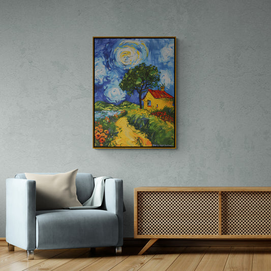 Sternennacht Sonnenblumen Wandkunst, farbenfroher Kunstdruck, gerahmter Leinwanddruck mit Aquarelleffekt, vertikales Bauernhaus-Kunstwerk, moderne Schlafzimmer-Wandkunst