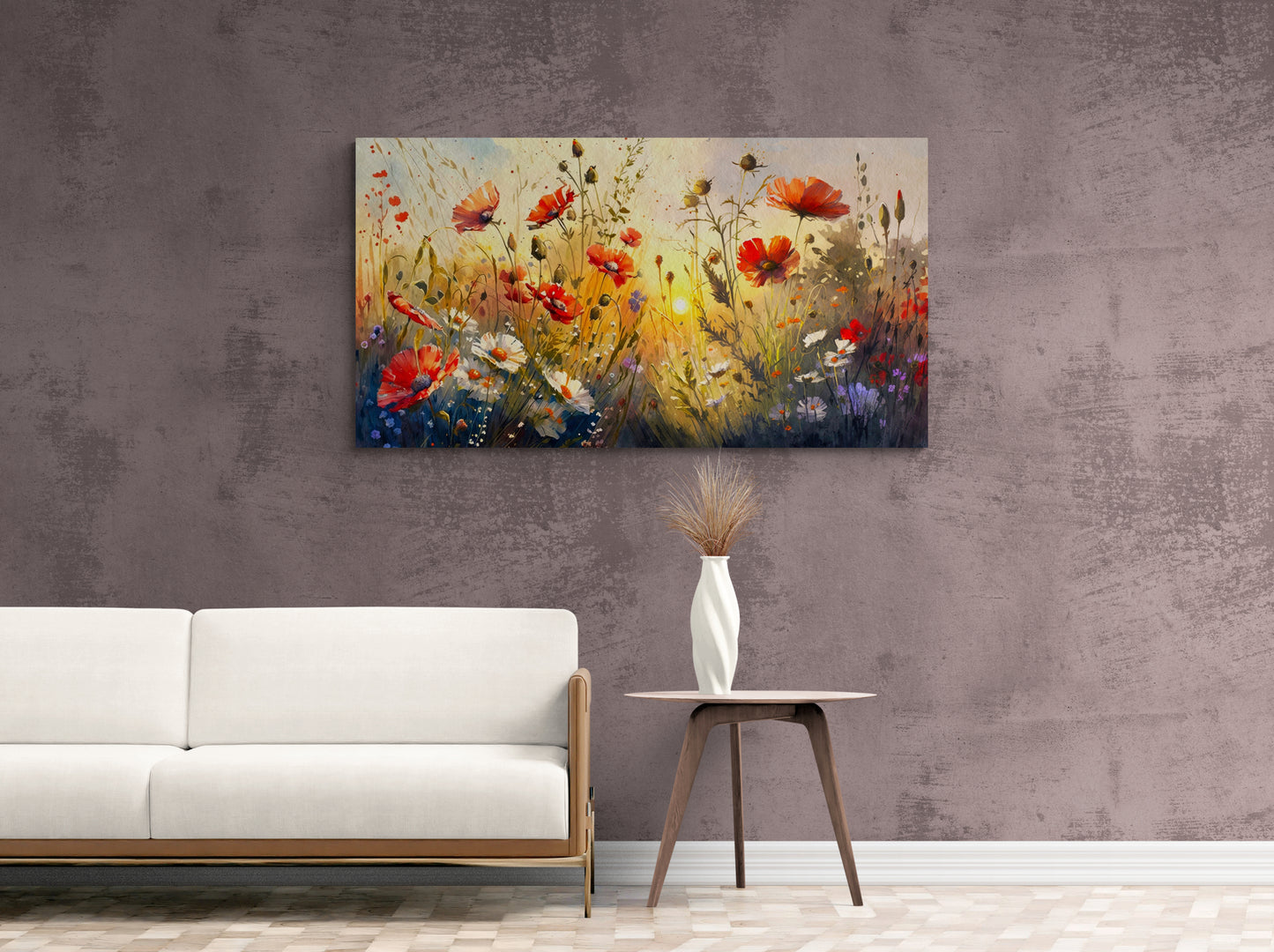 Gerahmte florale Wandkunst, Leinwanddruck mit Mohnblumen, florale Feldwandkunst, rotes Mohnbild, botanische Wandkunst