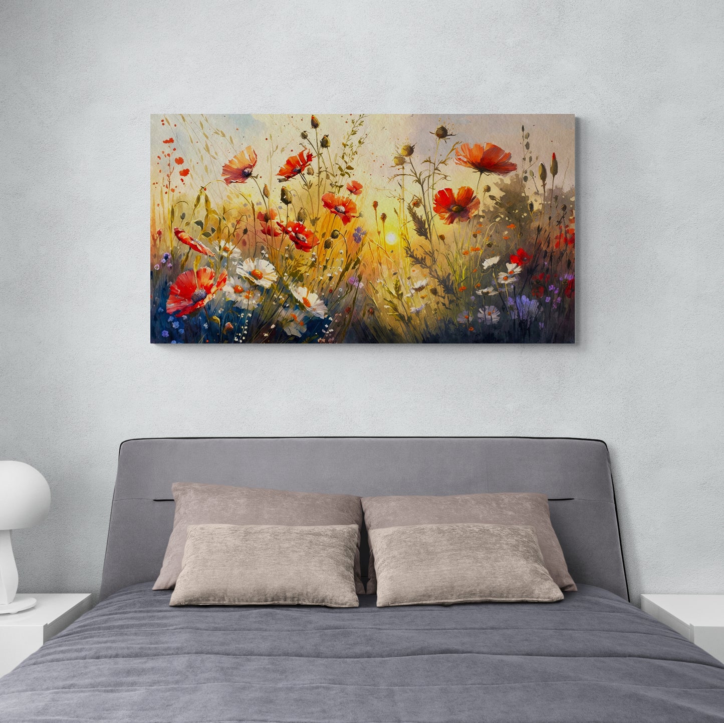 Gerahmte florale Wandkunst, Leinwanddruck mit Mohnblumen, florale Feldwandkunst, rotes Mohnbild, botanische Wandkunst