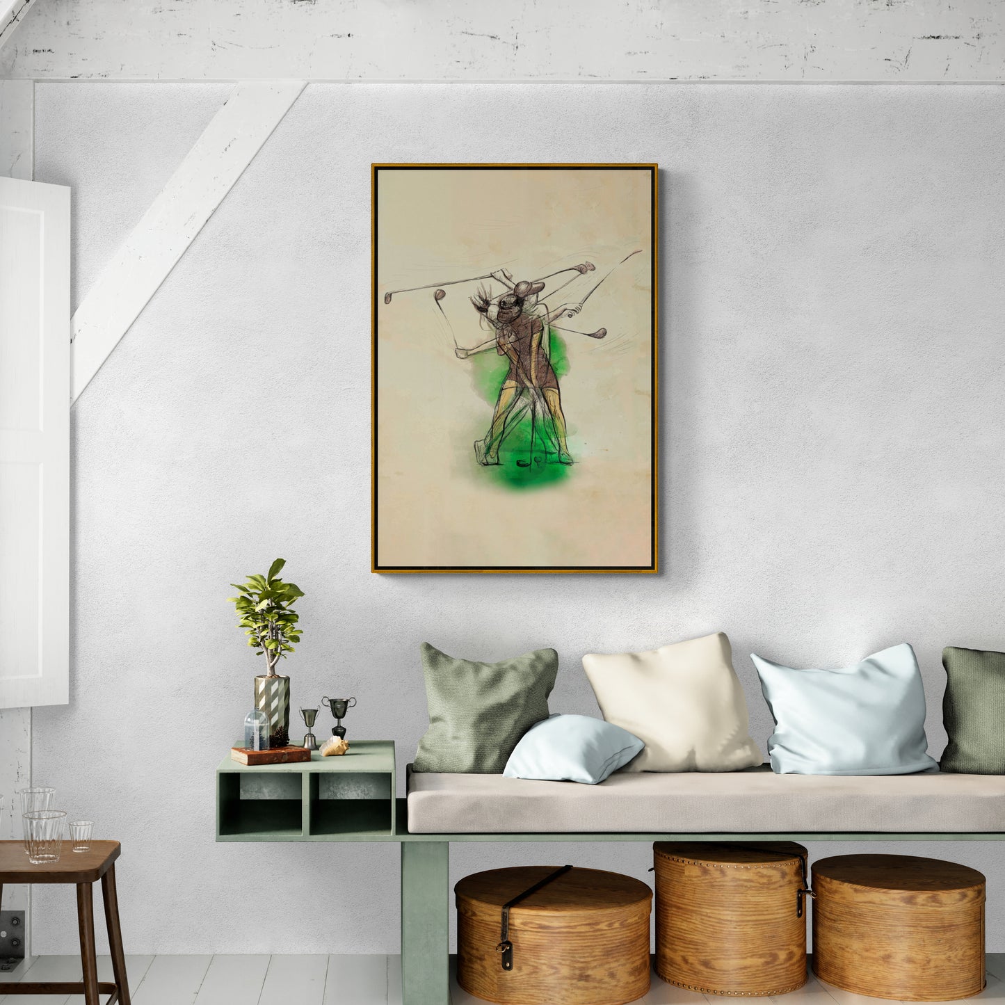 Golf-Wandkunst, Kunstwerk mit Sportmotiven, Golf spielende Menschen in schwebendem Aluminiumrahmen, Leinwanddruck für Wohnzimmer, Schlafzimmer, ideales Geschenk