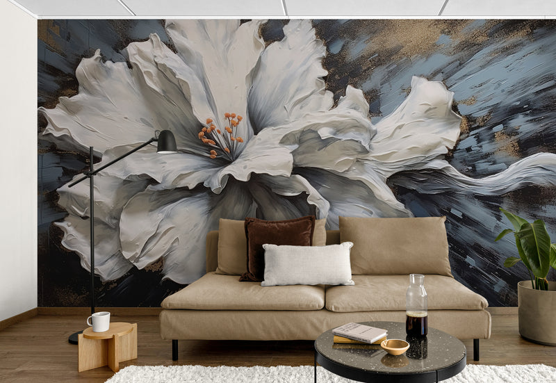 Extra große Blumentapete, weißes Blumenwandbild zum Abziehen und Aufkleben, abnehmbare botanische Tapete, selbstklebendes Blumenwandbild mit 3D-Effekt