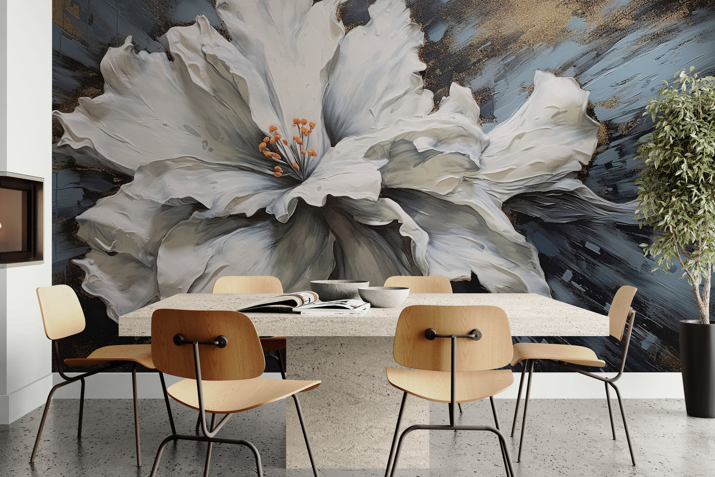 Extra große Blumentapete, weißes Blumenwandbild zum Abziehen und Aufkleben, abnehmbare botanische Tapete, selbstklebendes Blumenwandbild mit 3D-Effekt