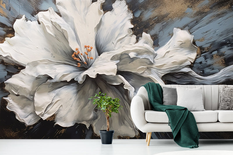 Extra große Blumentapete, weißes Blumenwandbild zum Abziehen und Aufkleben, abnehmbare botanische Tapete, selbstklebendes Blumenwandbild mit 3D-Effekt
