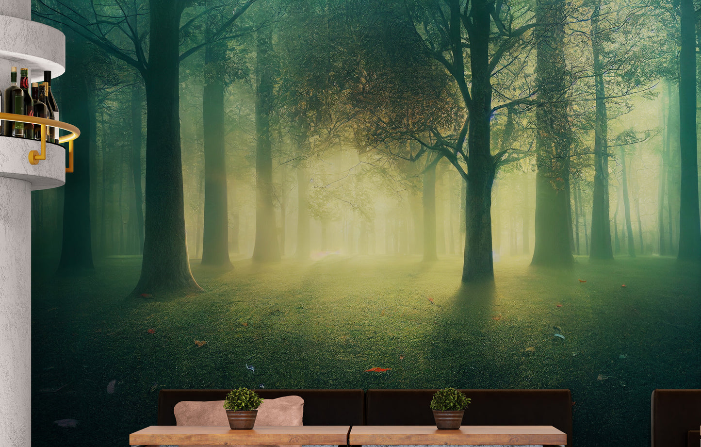 Selbstklebende Naturtapete, Grünes Waldwandbild, Selbstklebende Tontapete, Tapete mit Baumbild, Botanisches Wandbild, Temporäre Tapete