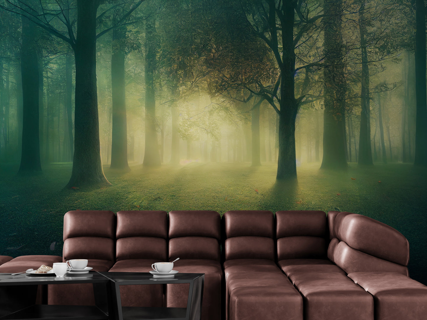 Selbstklebende Naturtapete, Grünes Waldwandbild, Selbstklebende Tontapete, Tapete mit Baumbild, Botanisches Wandbild, Temporäre Tapete