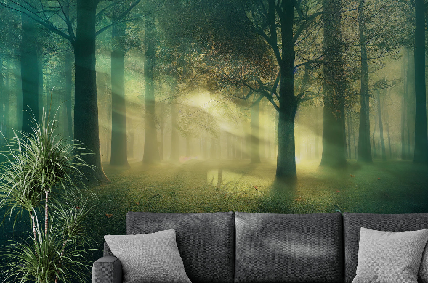 Selbstklebende Naturtapete, Grünes Waldwandbild, Selbstklebende Tontapete, Tapete mit Baumbild, Botanisches Wandbild, Temporäre Tapete