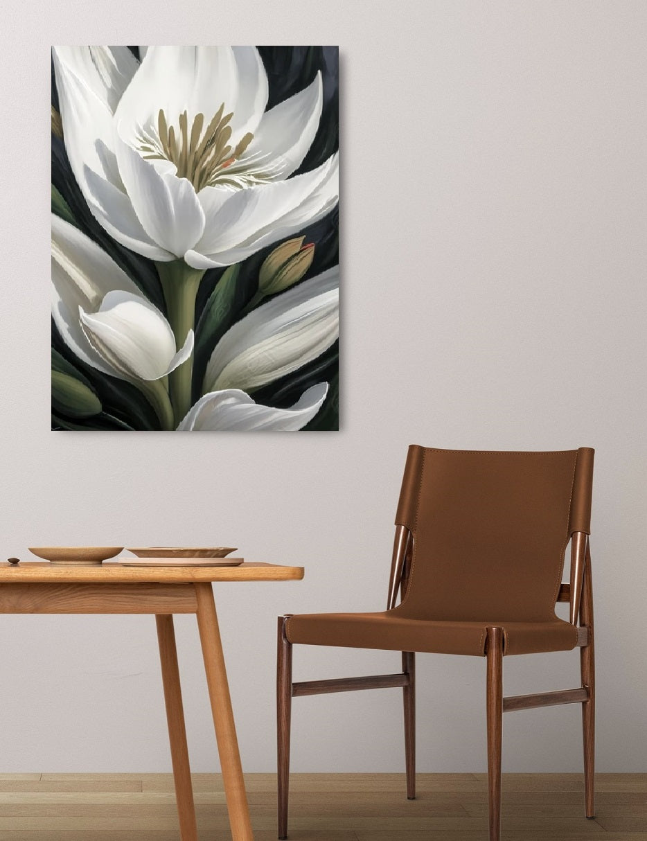 Großes Blumen-Wandbild, druckbares Leinwandbild mit schwebendem Rahmen und weißen Blumen, botanische Wanddekoration zum Aufhängen, grün-weißes Blumen-Wandbild fürs Zimmer (Kopie)