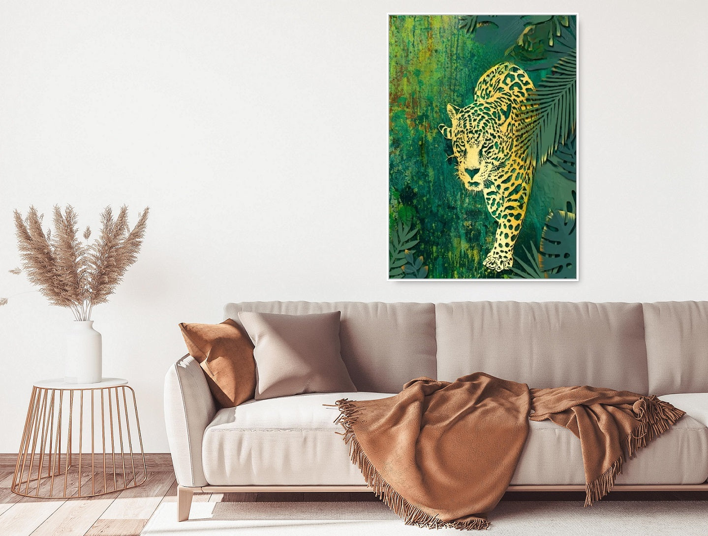 Wandkunst auf Leinwand mit Leopardenmuster, Tierkunst im schwebenden Rahmen, grünes Wanddekor zum Aufhängen, druckbare Naturwandkunst, große Wandkunst fürs Wohnzimmer