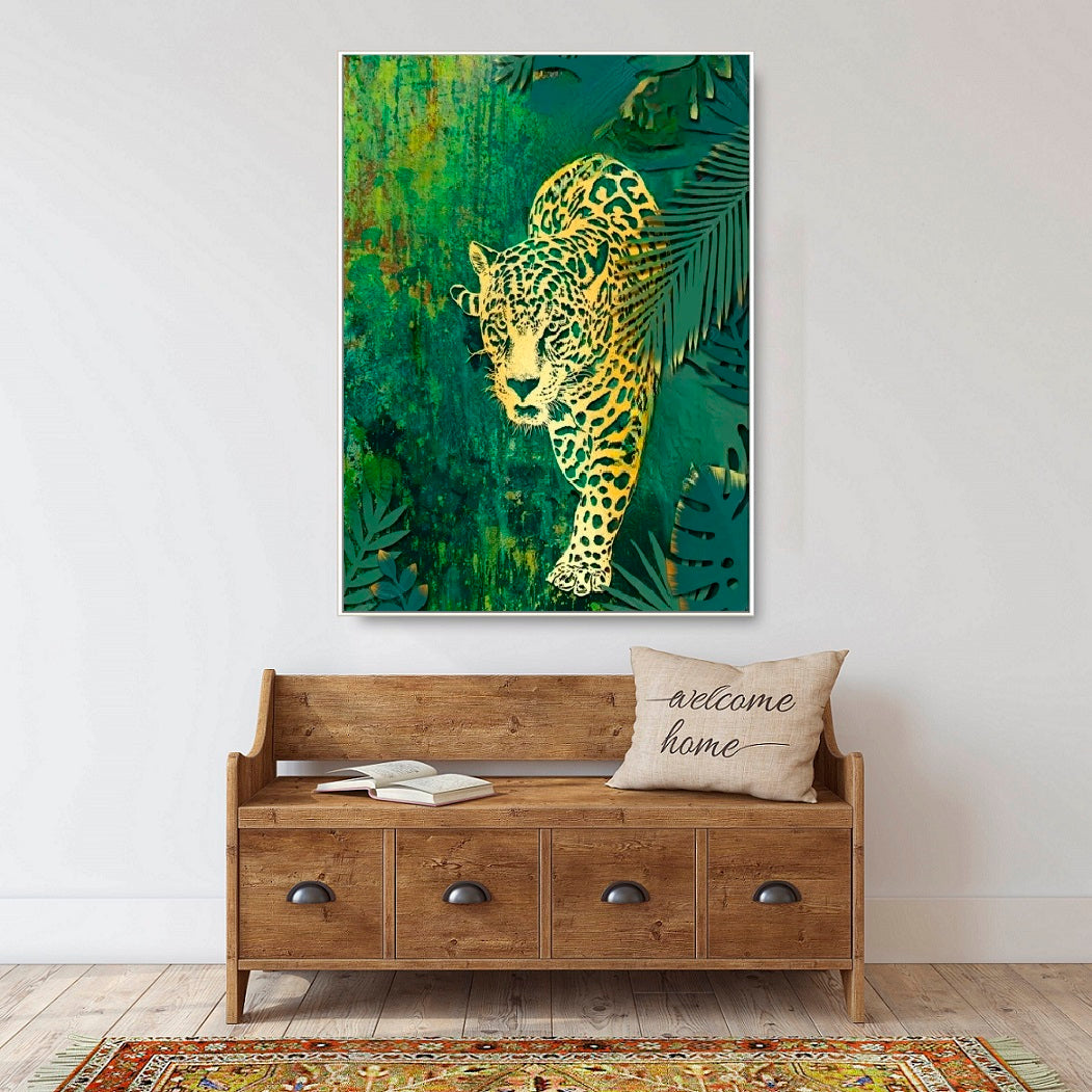 Wandkunst auf Leinwand mit Leopardenmuster, Tierkunst im schwebenden Rahmen, grünes Wanddekor zum Aufhängen, druckbare Naturwandkunst, große Wandkunst fürs Wohnzimmer