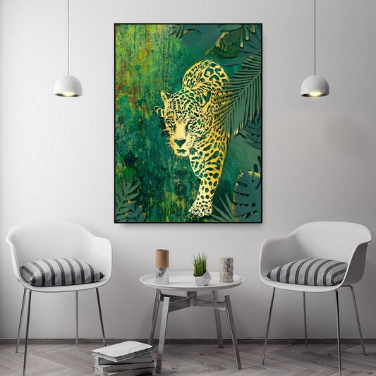 Wandkunst auf Leinwand mit Leopardenmuster, Tierkunst im schwebenden Rahmen, grünes Wanddekor zum Aufhängen, druckbare Naturwandkunst, große Wandkunst fürs Wohnzimmer