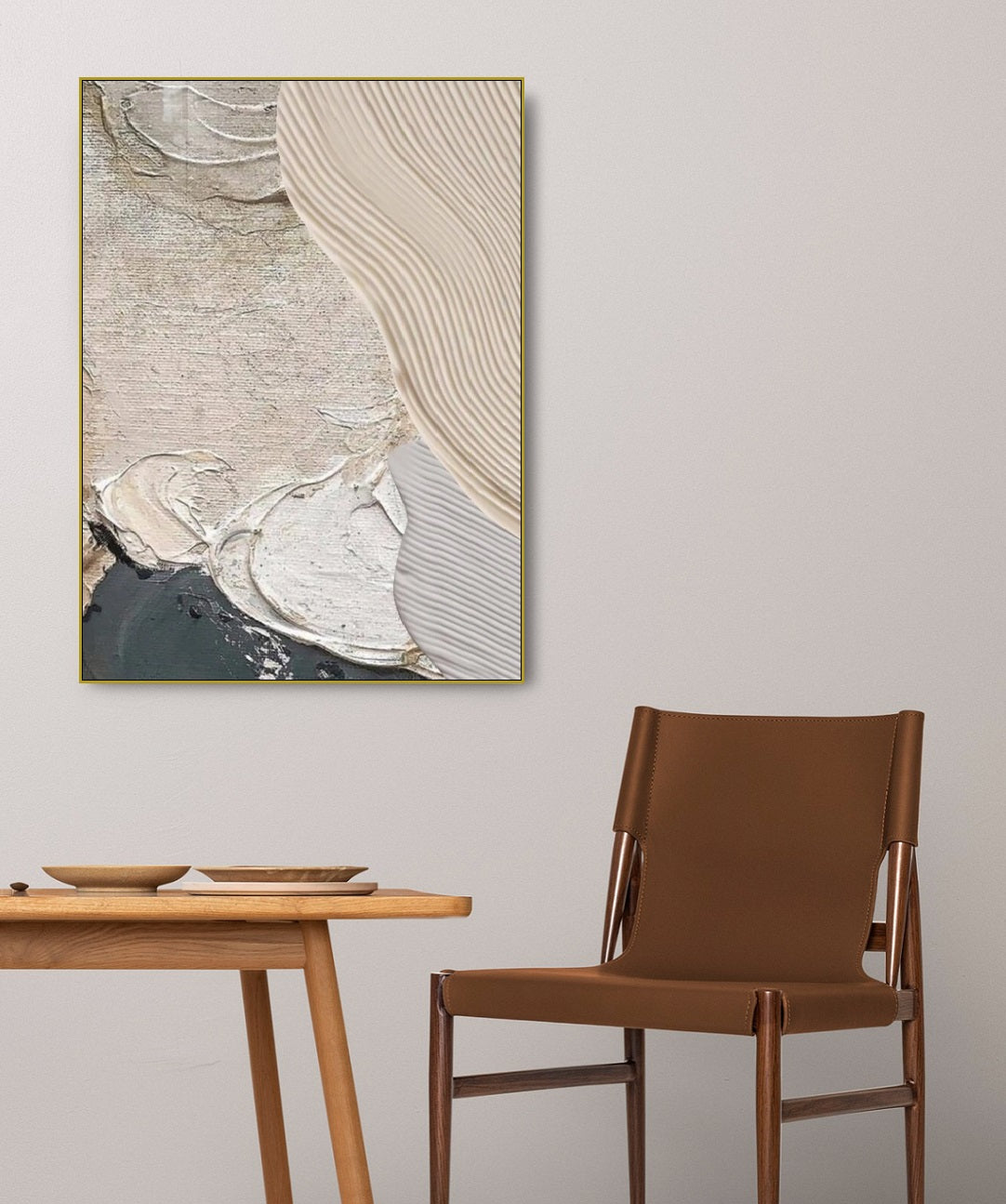 Abstrakte gerahmte Wandkunst, Wanddekoration mit Ölfarbe, beiges Kunstwerk mit schwebendem Rahmen, moderne druckbare Leinwand-Wandkunst, Wohnzimmer-Kunstwerk