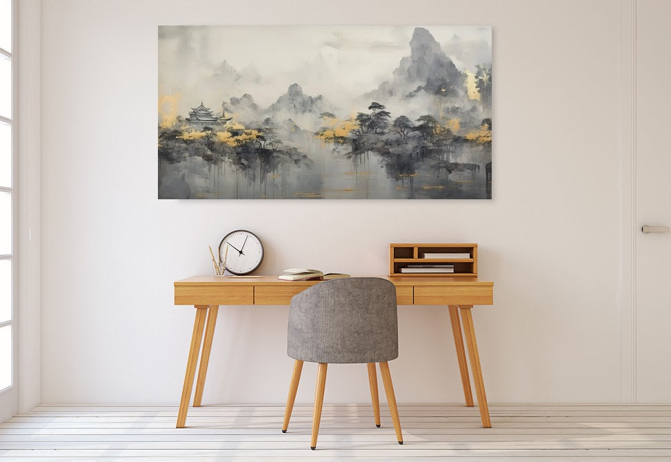 Rauchige Berge Wandkunst, schwebendes Landschaftsbild, nebliger Baum Leinwanddruck, japanische Wandkunst zum Aufhängen, großes graues Kunstwerk
