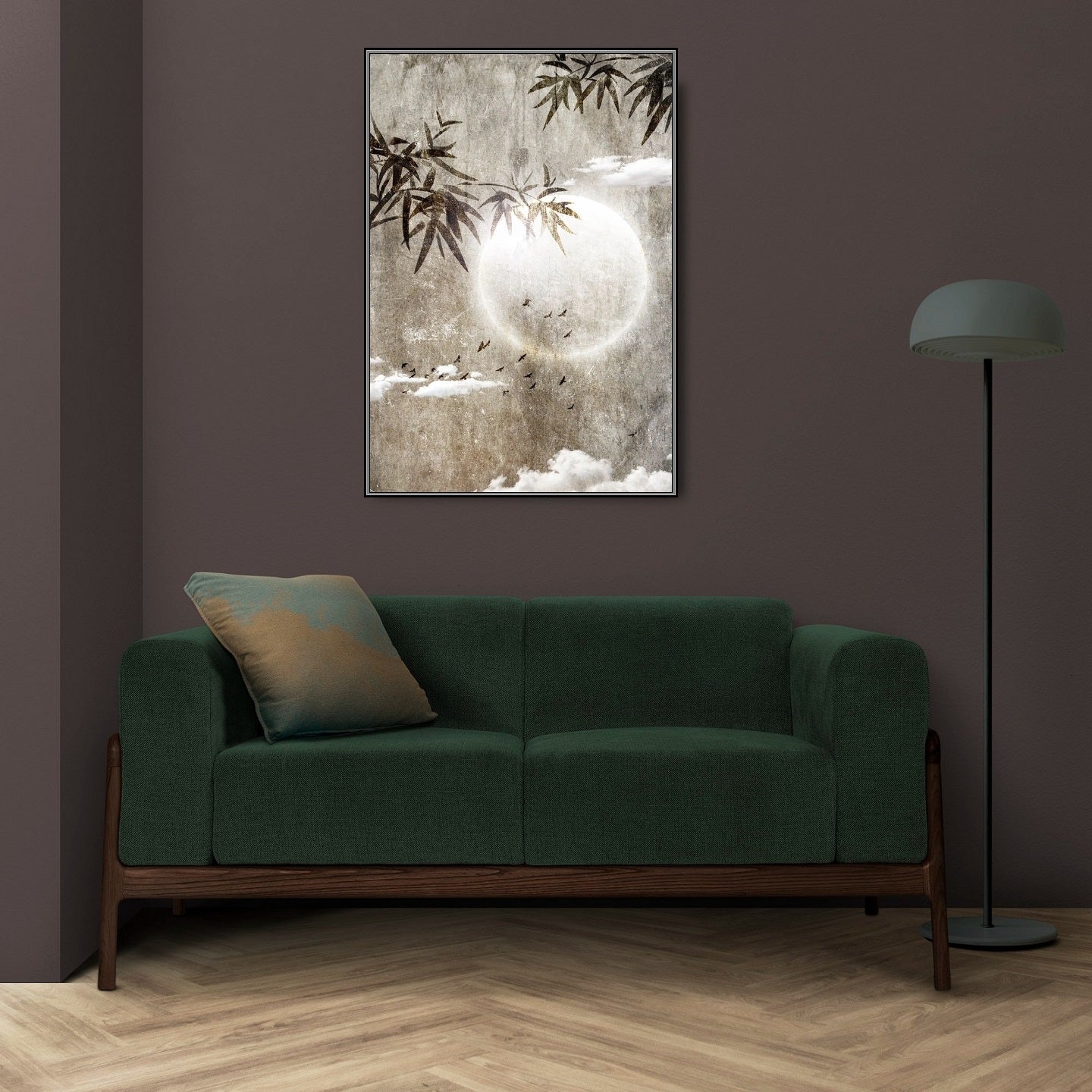 Wandkunst im orientalischen Stil, großer Leinwanddruck mit Mond im Floater-Rahmen, modernes gerahmtes tropisches Kunstwerk, druckbare Naturwandkunst fürs Wohnzimmer