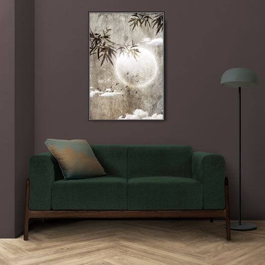 Wandkunst im orientalischen Stil, großer Leinwanddruck mit Mond im Floater-Rahmen, modernes gerahmtes tropisches Kunstwerk, druckbare Naturwandkunst fürs Wohnzimmer