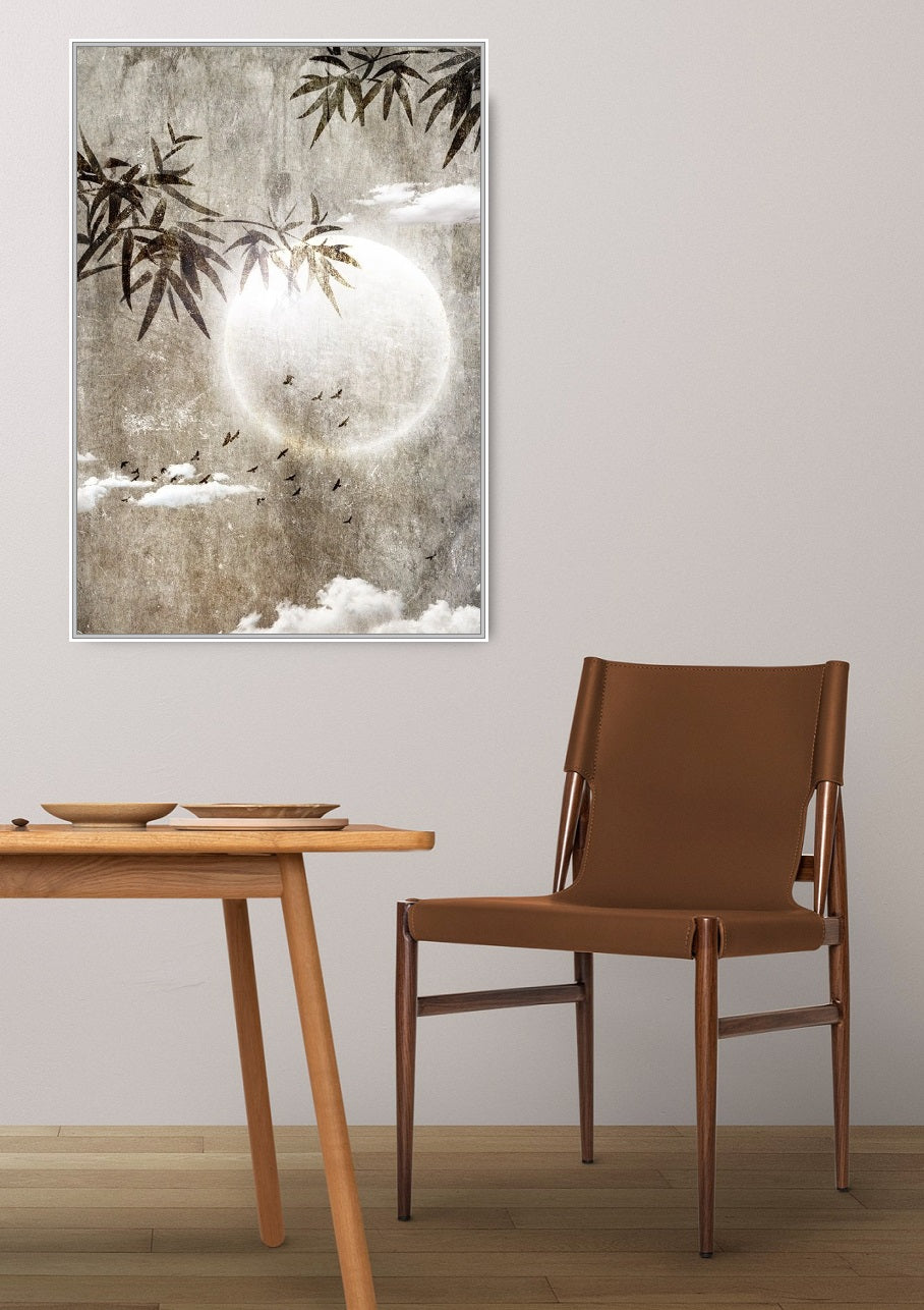 Wandkunst im orientalischen Stil, großer Leinwanddruck mit Mond im Floater-Rahmen, modernes gerahmtes tropisches Kunstwerk, druckbare Naturwandkunst fürs Wohnzimmer