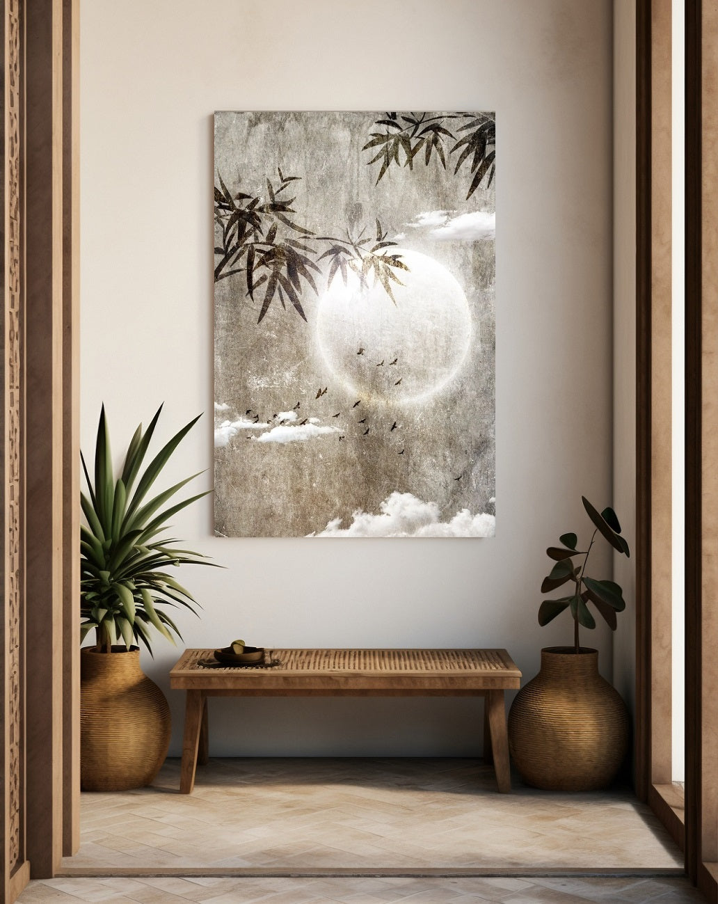 Wandkunst im orientalischen Stil, großer Leinwanddruck mit Mond im Floater-Rahmen, modernes gerahmtes tropisches Kunstwerk, druckbare Naturwandkunst fürs Wohnzimmer