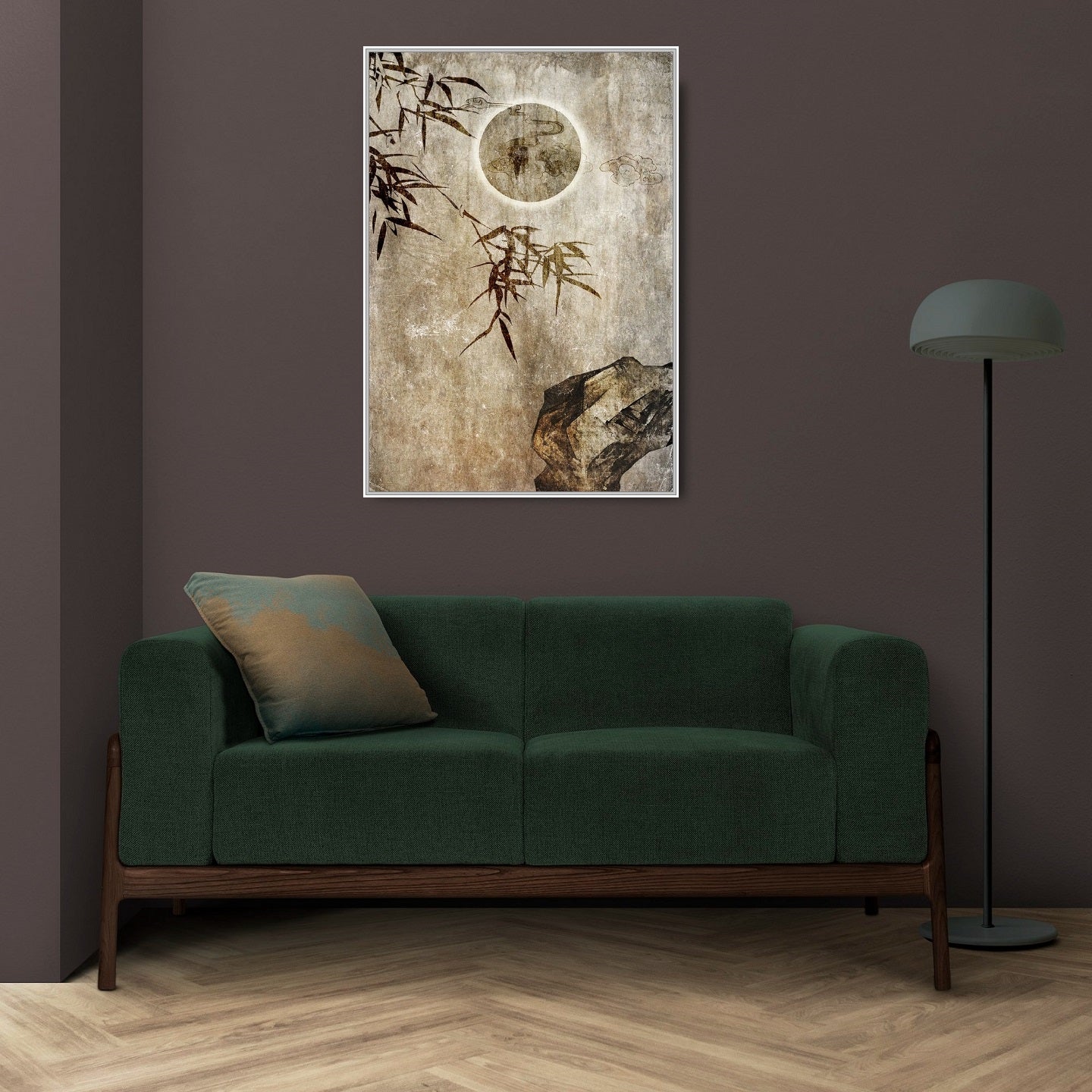 Große gerahmte Natur-Wandkunst, tropischer Leinwanddruck, druckbares Floater-Rahmen-Kunstwerk, asiatische Wandkunst fürs Wohnzimmer, Mond-Leinwanddruck