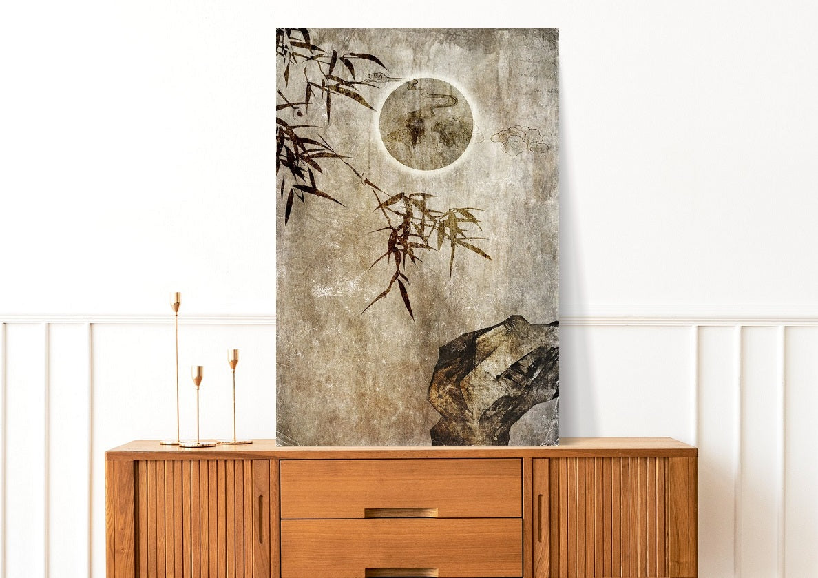 Große gerahmte Natur-Wandkunst, tropischer Leinwanddruck, druckbares Floater-Rahmen-Kunstwerk, asiatische Wandkunst fürs Wohnzimmer, Mond-Leinwanddruck