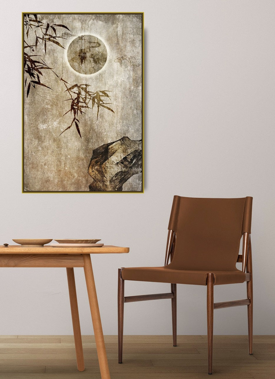 Große gerahmte Natur-Wandkunst, tropischer Leinwanddruck, druckbares Floater-Rahmen-Kunstwerk, asiatische Wandkunst fürs Wohnzimmer, Mond-Leinwanddruck