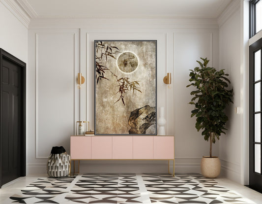 Große gerahmte Natur-Wandkunst, tropischer Leinwanddruck, druckbares Floater-Rahmen-Kunstwerk, asiatische Wandkunst fürs Wohnzimmer, Mond-Leinwanddruck