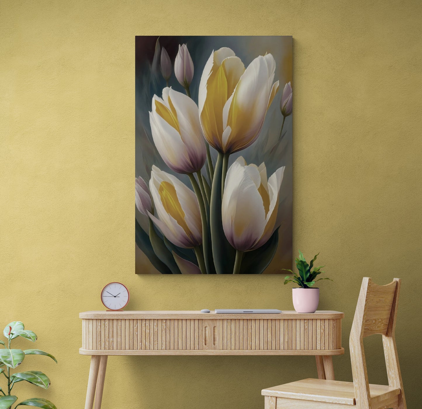 Große Tulpen Wandkunst, floraler Leinwanddruck, druckbares gerahmtes Kunstwerk, weiße Blumen Wandkunst, botanischer Floater-Rahmen Wohnzimmer Wandkunst