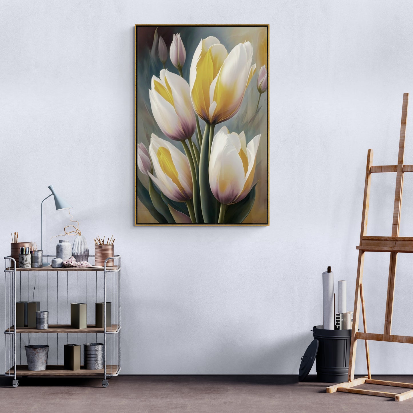 Große Tulpen Wandkunst, floraler Leinwanddruck, druckbares gerahmtes Kunstwerk, weiße Blumen Wandkunst, botanischer Floater-Rahmen Wohnzimmer Wandkunst